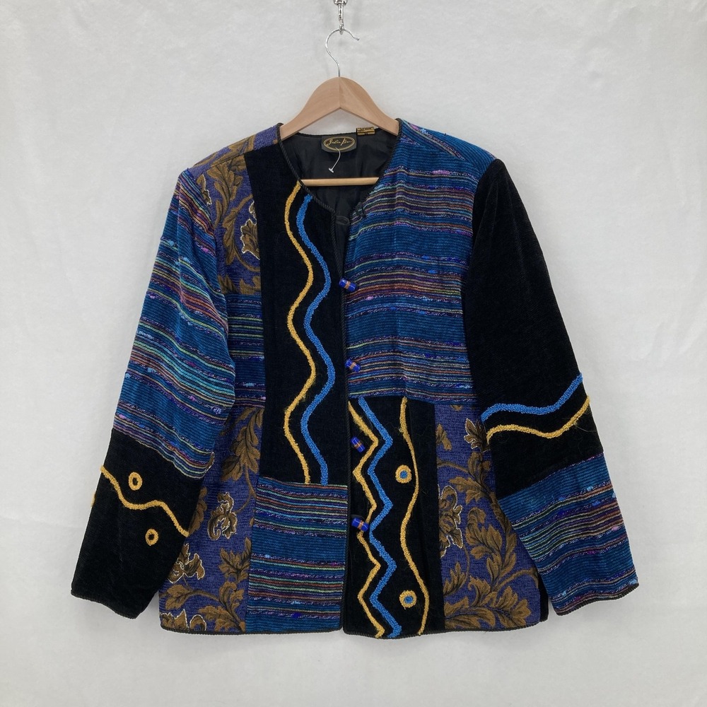 Julia K Jacket Womens Medium Black Blue Patchwork Artsy Beaded Toggle Boho VTG